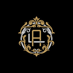 Initial letter L and A, LA, AL, decorative ornament emblem badge, overlapping monogram logo, elegant luxury silver gold color on black background