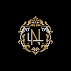 Fotobehang Initial letter L and N, LN, NL, decorative ornament emblem badge, overlapping monogram logo, elegant luxury silver gold color on black background © ariefpro
