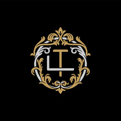 Initial letter L and T, LT, TL, decorative ornament emblem badge, overlapping monogram logo, elegant luxury silver gold color on black background