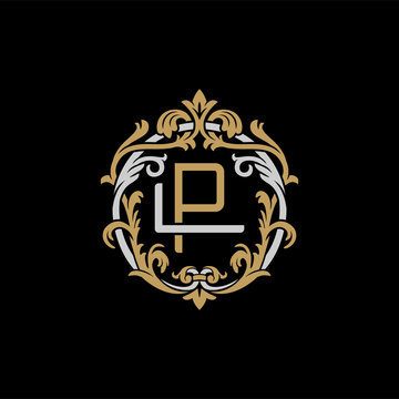 Initial letter L and P, LP, PL, decorative ornament emblem badge, overlapping monogram logo, elegant luxury silver gold color on black background