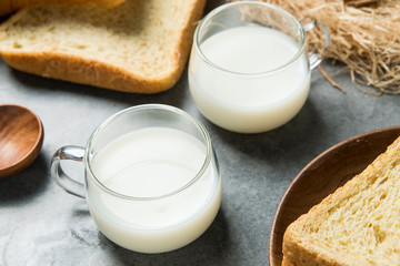 Bread, milk and eggs, healthy breakfast