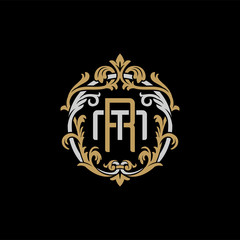 Initial letter M and R, MR, RM, decorative ornament emblem badge, overlapping monogram logo, elegant luxury silver gold color on black background