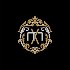 Initial letter M and X, MX, XM, decorative ornament emblem badge, overlapping monogram logo, elegant luxury silver gold color on black background