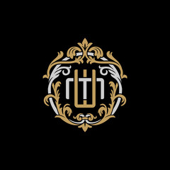Initial letter M and W, MW, WM, decorative ornament emblem badge, overlapping monogram logo, elegant luxury silver gold color on black background