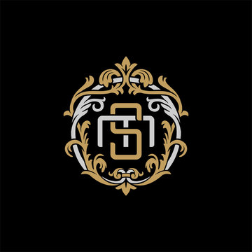Initial letter M and S, MS, SM, decorative ornament emblem badge, overlapping monogram logo, elegant luxury silver gold color on black background