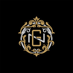 Initial letter N and G, NG, GN, decorative ornament emblem badge, overlapping monogram logo, elegant luxury silver gold color on black background