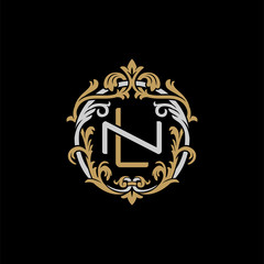 Initial letter N and L, NL, LN, decorative ornament emblem badge, overlapping monogram logo, elegant luxury silver gold color on black background
