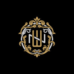 Initial letter N and W, NW, WN, decorative ornament emblem badge, overlapping monogram logo, elegant luxury silver gold color on black background