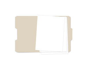 Open file folder with cut tab, realistic mockup. Letter size tabbed manila folder with empty paper sheets, vector template