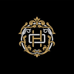 Initial letter O and H, OH, HO, decorative ornament emblem badge, overlapping monogram logo, elegant luxury silver gold color on black background