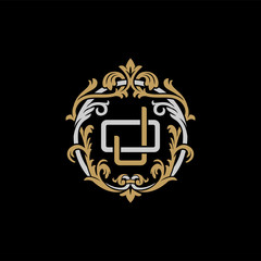 Initial letter O and J, OJ, JO, decorative ornament emblem badge, overlapping monogram logo, elegant luxury silver gold color on black background