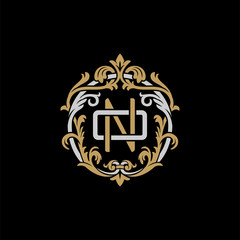 Initial letter O and N, ON, NO, decorative ornament emblem badge, overlapping monogram logo, elegant luxury silver gold color on black background