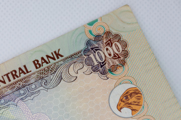The Currency of the United Arab Emirates (UAE) - Close up of a thousand Dirham note  on a white background. Money exchange.