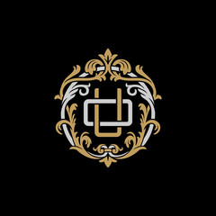 Initial letter O and U, OU, UO, decorative ornament emblem badge, overlapping monogram logo, elegant luxury silver gold color on black background