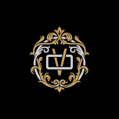 Initial letter O and V, OV, VO, decorative ornament emblem badge, overlapping monogram logo, elegant luxury silver gold color on black background