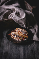 Crepes filled with chocolate and cottage cheese.