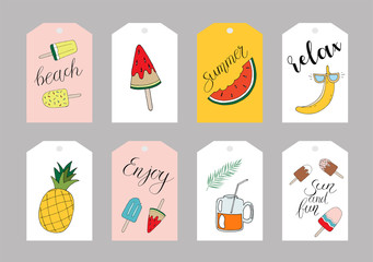 Set of summer labels with hand drawn elements.Fresh healthy food tropical collection, badges or labels vector template.Big set of summer hand drawn tags,cards,poster,banner for holiday,beach vacation.