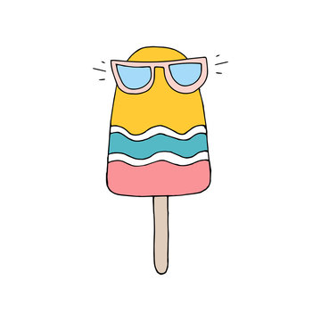 Vector hand draw illustration on white background. Cold ice cream. Hello summer, beach, sun. Greeting card, doodle.