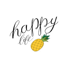 Vector hand draw illustration on white background. lettering. Hello summer, beach, sun, fruit.