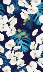 Papier peint Orchidee motif floral sans couture d& 39 orchidée blanche avec des feuilles tropicales sur fond blanc.