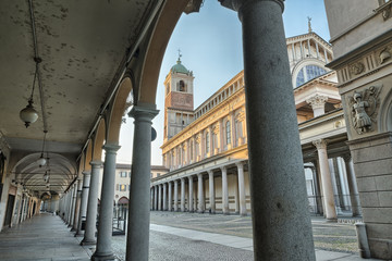 Historic center of an Italian city at sunrise. Novara city, piazza della Repubblica (square della...