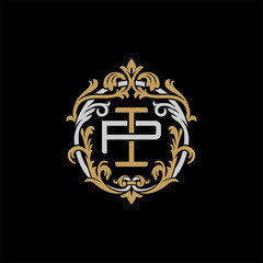 Initial letter P and I, PI, IP, decorative ornament emblem badge, overlapping monogram logo, elegant luxury silver gold color on black background