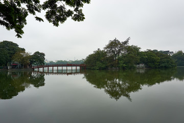 Hanoi, Vietnam - April 30, 2019: Temple of the Jade Mountain on Hoan Kiem Lake in central Hanoi.