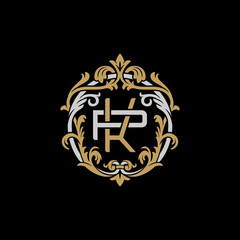 Initial letter P and K, PK, KP, decorative ornament emblem badge, overlapping monogram logo, elegant luxury silver gold color on black background