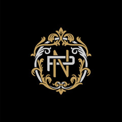 Initial letter P and N, PN, NP, decorative ornament emblem badge, overlapping monogram logo, elegant luxury silver gold color on black background