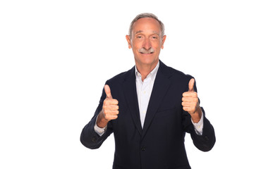 mature man with grey mustache looking at camera. retired latino hispanic people smile with confident.senior latin man thumbs up with likes the attitude isolated on white. happy successful businessman.