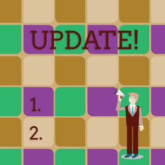 Handwriting text writing UPDATE. Conceptual photo make something more modern or up to date like software program Businessman Looking Up, Holding and Talking on Megaphone with Volume Icon