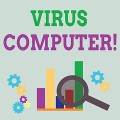 Word writing text Virus Computer. Business photo showcasing Malicious software program loaded onto a user s is computer Magnifying Glass Over Bar Column Chart beside Cog Wheel Gears for Analysis