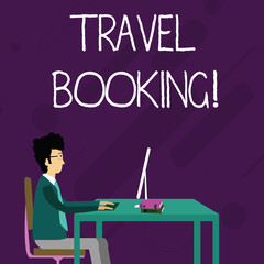 Conceptual hand writing showing Travel Booking. Concept meaning arrangement that you make when you book something for travel Businessman Sitting on Chair Working on Computer and Books