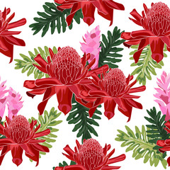 Red torch ginger seamless pattern with tropical leaves on white background