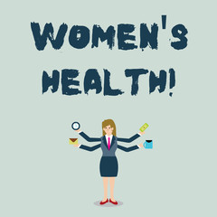 Handwriting text Women S Is Health. Conceptual photo the health issues specific to huanalysis anatomy Businesswoman with Four Arms Extending Sideways Holding Workers Needed Item