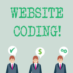 Word writing text Website Coding. Business photo showcasing system of symbols and rules used to represent instructions Businessmen Each has their Own Speech Bubble with Optimization Cost Icons