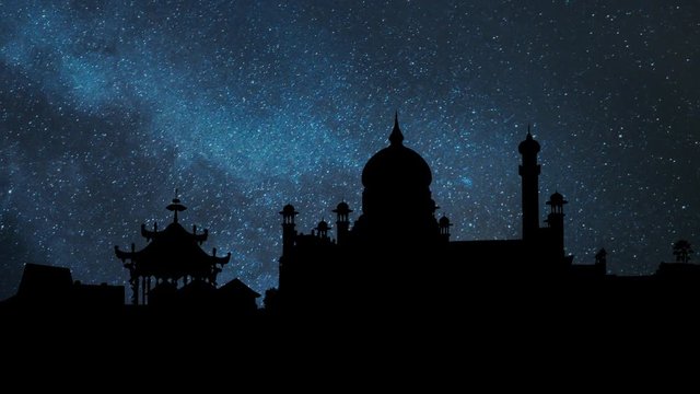 Omar Ali Saifuddin Mosque with the Ceremonial Barge by Night with Stars and Milky Way, in Bandar Seri Begawan City, the capital of Brunei