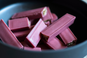 Pieces of Shattered Ruby Red Chocolate Wafer Biscuits.