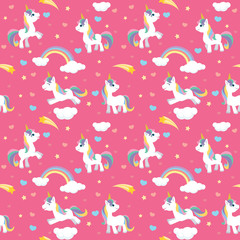 Cute Little Unicorns on Pink Background Seamless Pattern Flat Vector Illustration