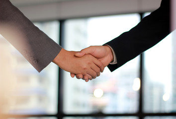 Businessmen making handshake in office business building