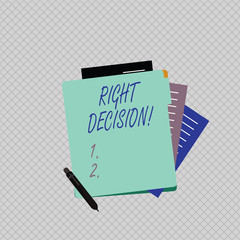 Conceptual hand writing showing Right Decision. Concept meaning making good choice after considering a lot of possibilities Lined Paper Stationery Partly into View from Pastel Folder