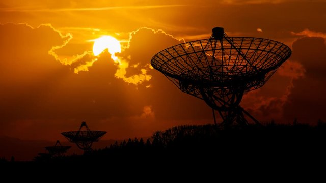 Westerbork Synthesis Radio Telescope (WSRT) at Sunset, with Red Sun and Antennas in Silhouette Netherlands
