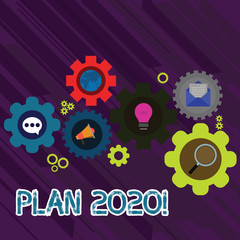 Text sign showing Plan 2020. Business photo text detailed proposal for doing or achieving something next year Set of Global Online Social Networking Icons Inside Colorful Cog Wheel Gear