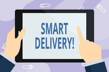 Handwriting text writing Smart Delivery. Conceptual photo Mobile solution for delivering and transporting goods faster Businessman Hand Holding, Pointing and Touching Colorful Tablet Blank Screen