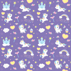 Cute Little Baby Unicorns on Purple Background Seamless Pattern Flat Vector Illustration © Kristina Jovanovic