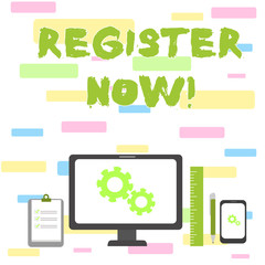 Writing note showing Register Now. Business concept for official list or record showing or things into web or forum