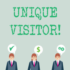 Word writing text Unique Visitor. Business photo showcasing Individuals who have visited a Web site at least once Businessmen Each has their Own Speech Bubble with Optimization Cost Icons