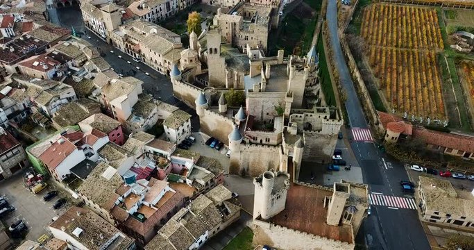 Aerial view of impressive medieval Royal Palace of Olite in autumn day, Navarre, Spain