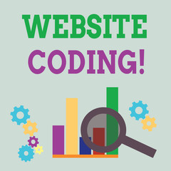 Word writing text Website Coding. Business photo showcasing system of symbols and rules used to represent instructions Magnifying Glass Over Bar Column Chart beside Cog Wheel Gears for Analysis