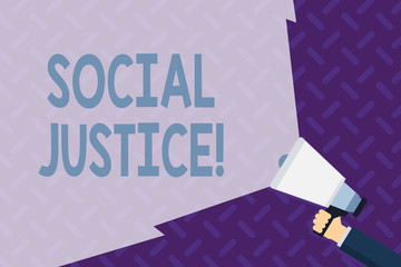 Text sign showing Social Justice. Business photo showcasing Equal access to wealth and privileges within a society Hand Holding Megaphone with Blank Wide Beam for Extending the Volume Range